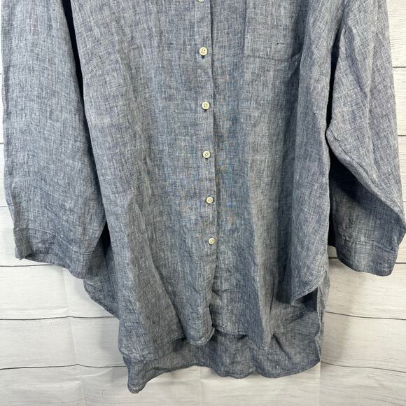 Lands End Womens size 1X 16w18w 3/4 Sleeve Button Front Linen Blouse Top Blue - Picture 4 of 10